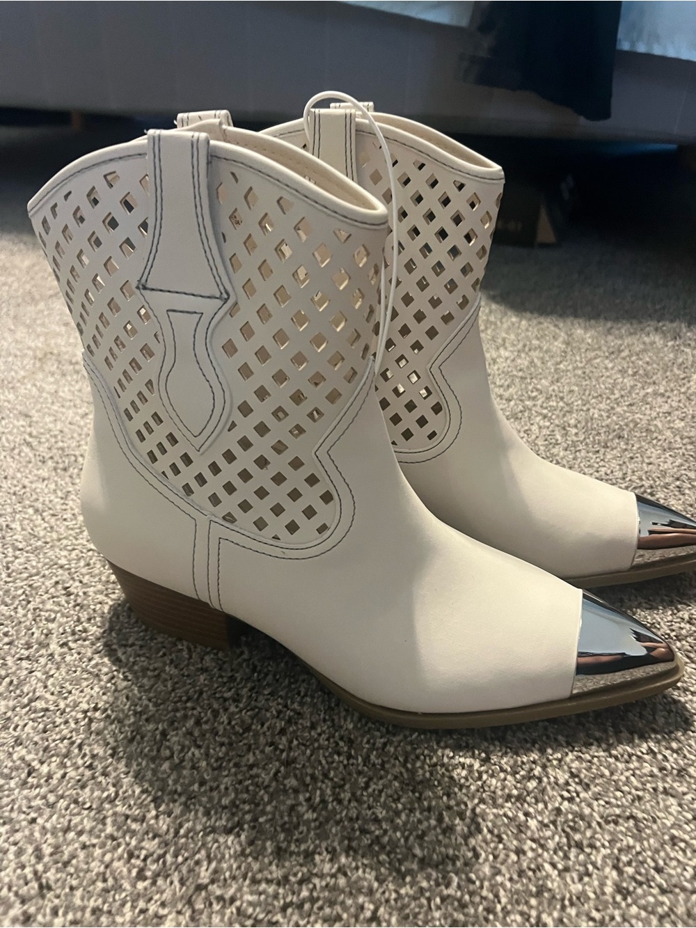 White Cutout Ankle Boots with Silver Toe Caps - Picture 2 of 3